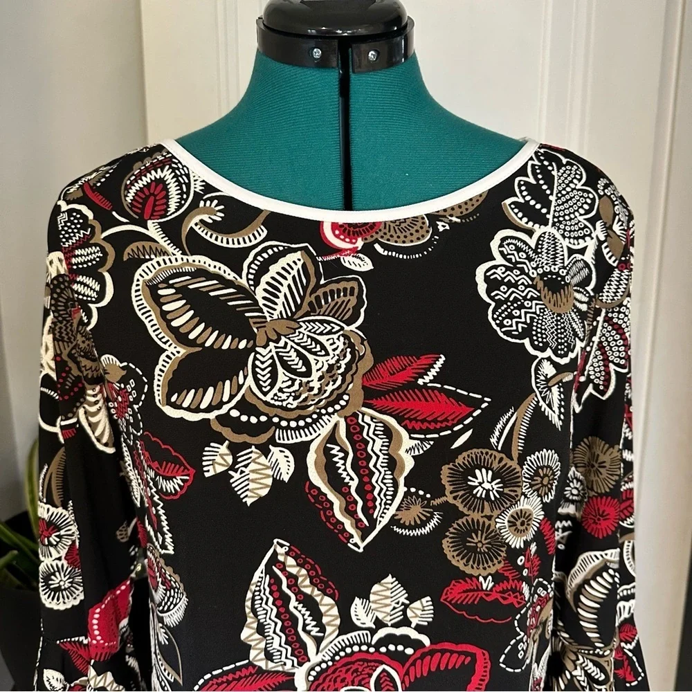 MSK Black Floral Midi Dress with Red and Cream Accents